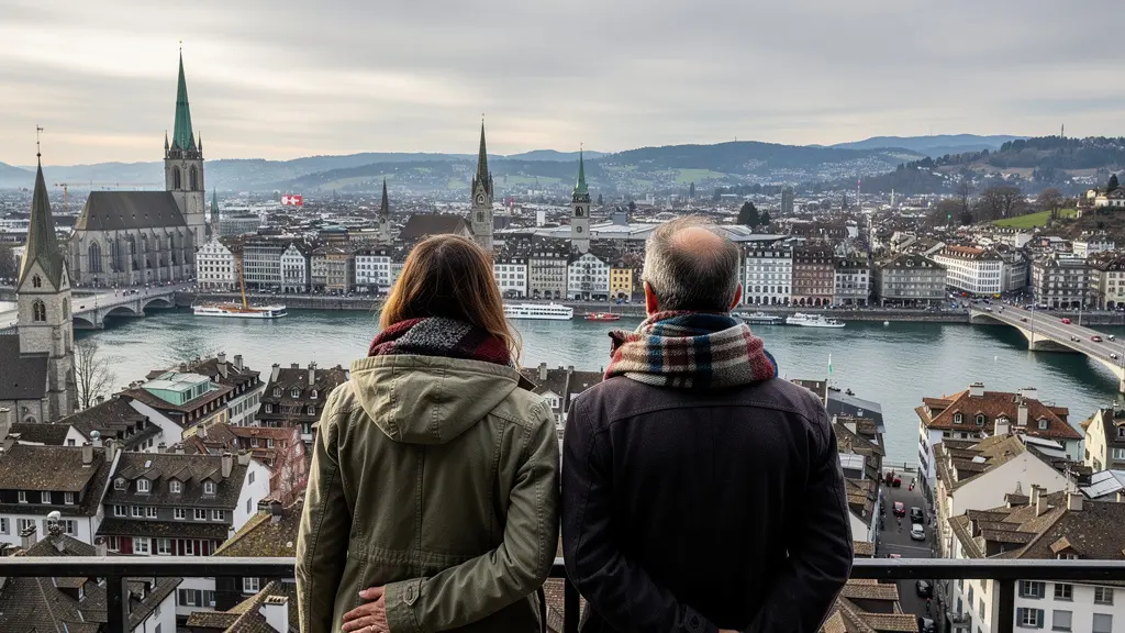 Paar betrachtet Zürich von erhöhtem Standpunkt – Immobilienentscheidung